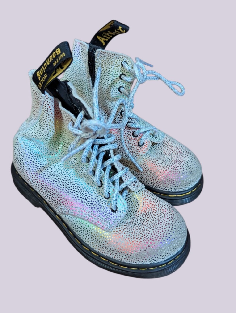 Doc Martens Girls  Iridescent Holographic Lace-Up Ankle Boots - Silver EUC Sz 9
